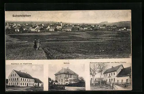 AK Scherstetten, Gasthaus zur Alpenrose, Gemischtwarengeschäft von Georg Fischer, Schule