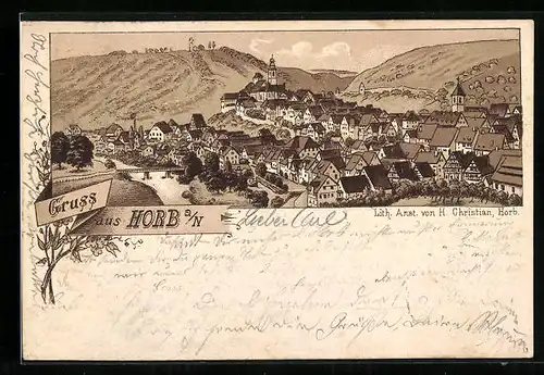 Lithographie Horb a. N., Teilansicht