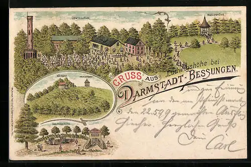 Lithographie Darmstadt-Bessungen, Gasthaus Ludwigshöhe, Marienhöhe, Prinzenberg mit Kühruhe