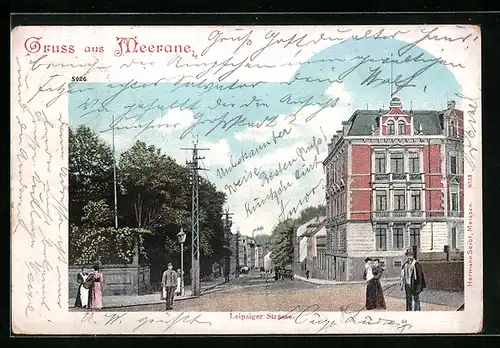 AK Meerane, Leipziger Strasse mit Passanten