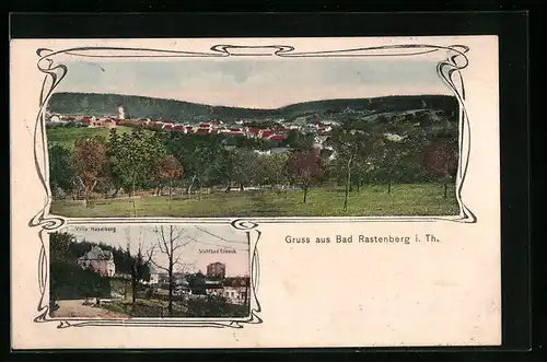 AK Bad Rastenberg /Th., Gesamtansicht, Ortspartie mit Villa Haselberg und Stahlbad Finneck