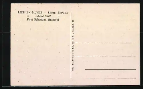 AK Schandau-Bahnhof /Sa., Liethen-Mühle mit Strasse und Holzgebäude