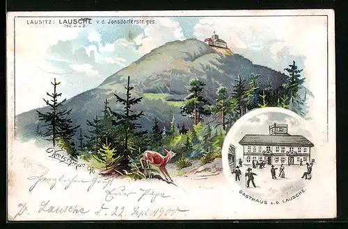 Lithographie Waltersdorf /Sa., Gasthaus auf der Lausche von der Jonsdorferstrasse gesehen