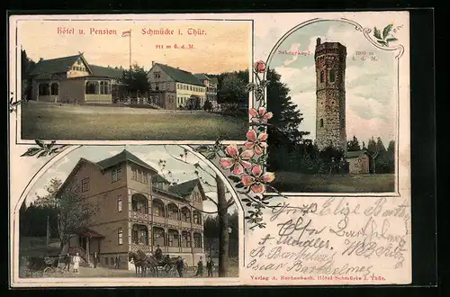AK Schmücke /Th., Hotel und Pension Schmücke, Aussichtsturm auf dem Schneekopf