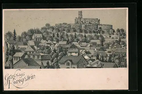 Lithographie Königstein, Teilansicht mit Burg