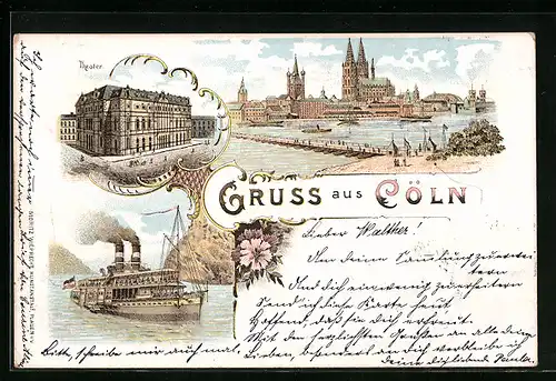 Lithographie Cöln, Rheinpartie mit Domblick, Theater, Dampfer