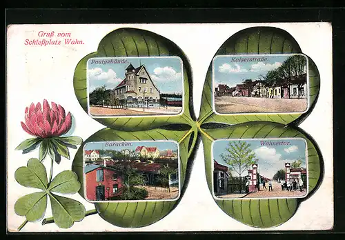 Passepartout-AK Wahn /Rhein, Postgebäude, Kaiserstrasse, Schiessplatz - Baracken und Wahnertor
