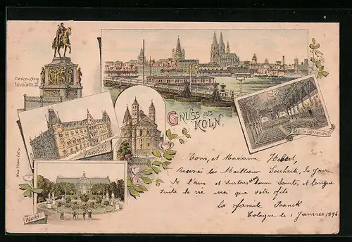 Lithographie Köln, Panorama mit Rheinbrücken, Hauptpost, Saal in Gürzenich