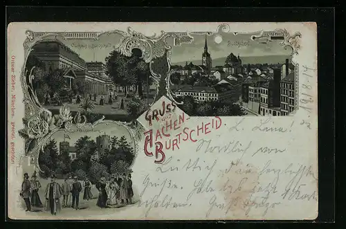 Mondschein-Lithographie Aachen-Burtscheid, Curhaus, Ortsansicht, Frankenburg