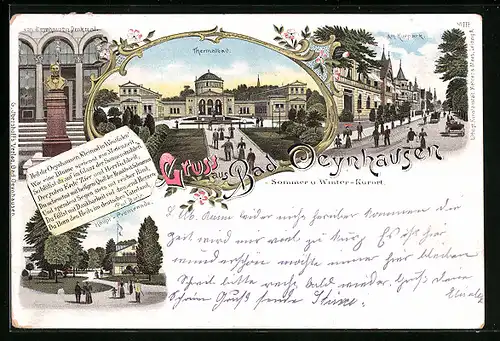 Lithographie Bad Oeynhausen, Thermalbad, Strassenpartie am Kurpark