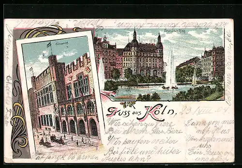 Lithographie Köln, Deutscher Ring mit Springbrunnen, Gürzenich