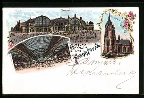 Lithographie Frankfurt a. M., Hauptbahnhof mit Halle, Dom