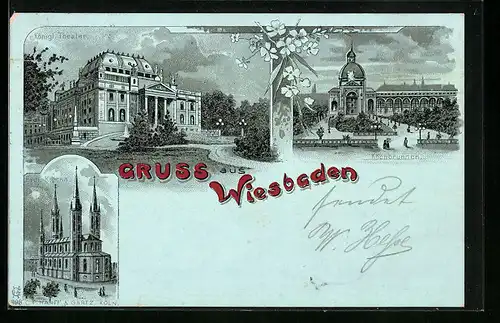 Mondschein-Lithographie Wiesbaden, Königl. Theater, Kochbrunnen