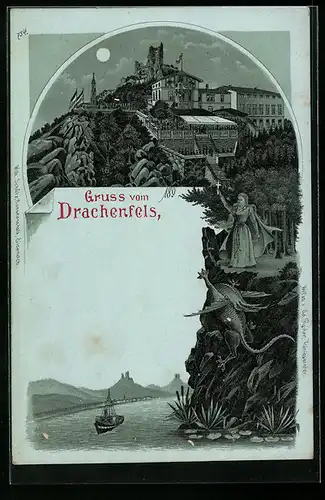 Mondschein-Lithographie Drachenfels, Ruine, Gasthaus, Dampfer