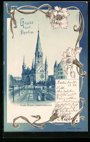 Lithographie Berlin-Charlottenburg, Kaiser-Wilhelm-Gedächtniskirche, weisse Nelken