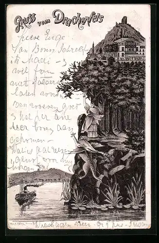Lithographie Drachenfels, Ruine, Gasthaus, Dampfer
