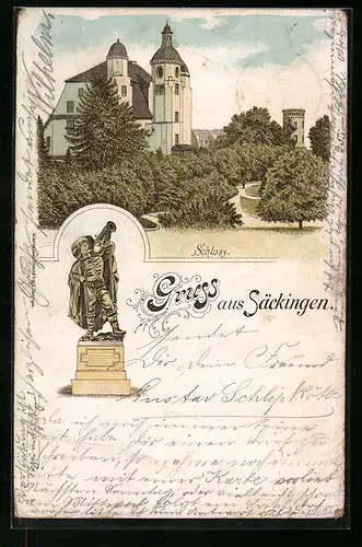 Lithographie Säckingen, Schloss und Denkmal