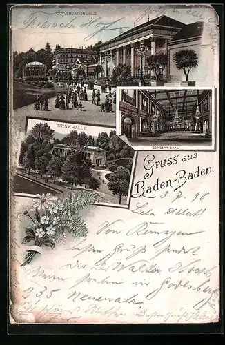 Lithographie Baden-Baden, Conversationshaus, Concert-Saal, Trinkhalle