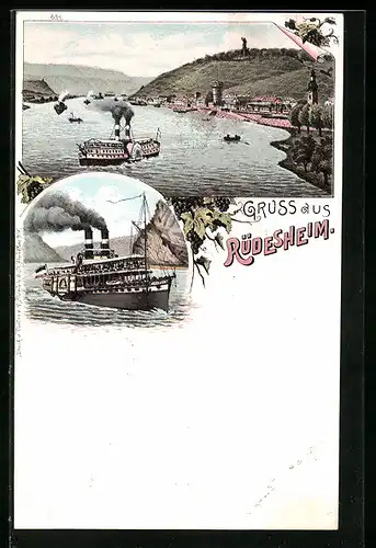 Lithographie Rüdesheim, Ortsansicht mit Rheindampfern