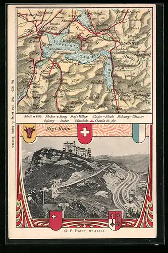 AK Rigi-Kulm, Ortsansicht mit Wanderern, Landkarte, Wappen