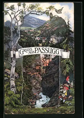 Künstler-AK Passugg, Ortsansicht mit Bach und Zwergen