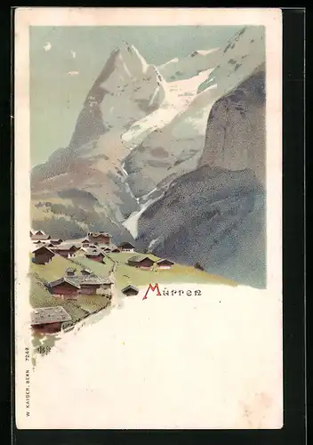 Lithographie Mürren, Ortsansicht mit Bergen