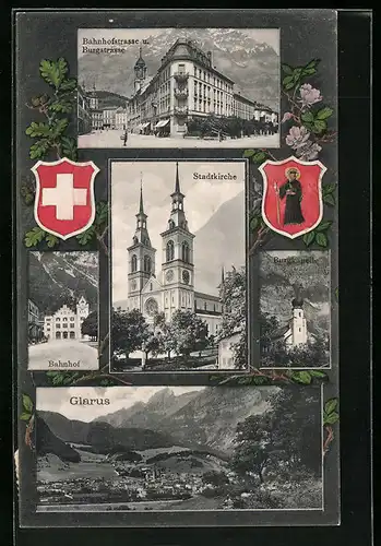 AK Glarus, Gesamtansicht, Bahnhofstrasse und Burgstrasse, Wappen
