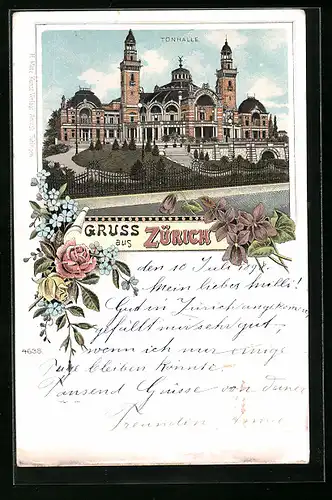 Lithographie Zürich, Tonhalle mit Strasse