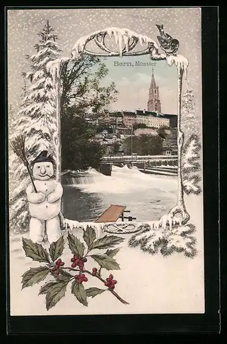 Passepartout-AK Bern, Münster, Schneemann und Ilex