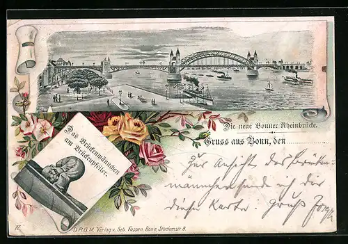 Passepartout-Lithographie Bonn, Neue Rheinbrücke, Brückenmännchen am Brückenpfeiler, Blumen