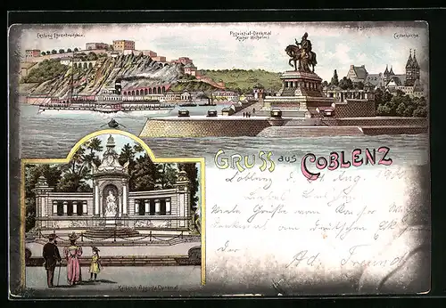 Lithographie Coblenz, Panorama mit Ehrenbreitstein und Kaiserdenkmal, Kaiserin-Augusta-Denkmal
