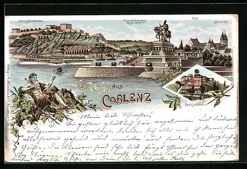 Lithographie Coblenz, Panorama mit Ehrenbreitstein und Kaiserdenkmal, Fort Constantin