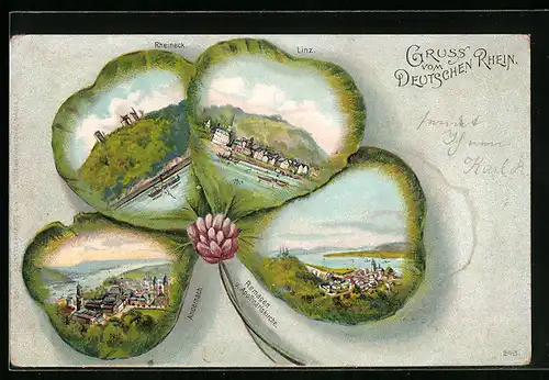 Passepartout-Lithographie Linz /Rh., Ortsansicht, Ortsansichten Andernach und Remagen