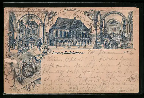 Lithographie Bremen, Rathaus und Gasthaus Ratskeller