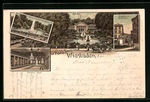 Lithographie Wiesbaden, Kurhaus, Kranzplatz mit Kochbrunnen