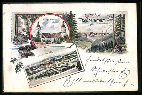Lithographie Freudenstadt /Schwarzwald, Ortsansicht, Protest. Kirche, Schwarzwald-Hotel