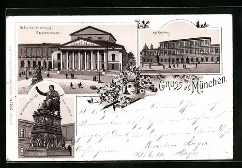 Lithographie München, Hof- u. Nationaltheater, Kgl. Residenz, Denkmal des Königs Max Joseph I.