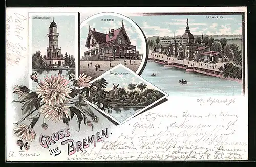 Lithographie Bremen, Aussichtsturm, Meierei, Parkhaus, Wall-Ansicht