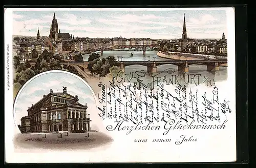 Lithographie Frankfurt a. M., Ortsansicht und Opernhaus