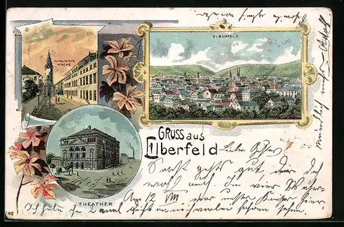 Lithographie Elberfeld, Ortsansicht, Reformierte Kirche, Theater