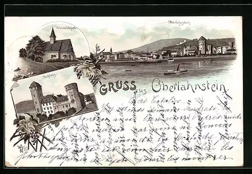 Vorläufer-Lithographie Oberlahnstein, 1895, Ortsansicht, Wenzelskapelle, Schloss