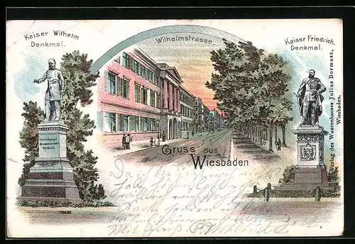 Lithographie Wiesbaden, Kaiser-Wilhelm-Denkmal, Wilhelmstrasse und Kaiser-Friedrich-Denkmal