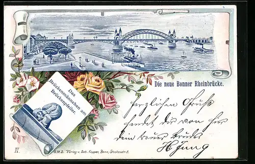 Lithographie Bonn, Totalansicht mit der neuen Rheinbrücke