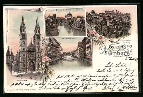 Lithographie Nürnberg, Lorenzkirche, Fleischbrücke, Hallertor mit Burg