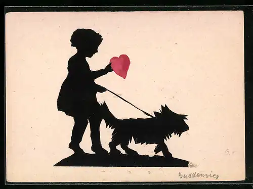 AK Mädchen mit Hund und Herz in der Hand, Scherenschnitt