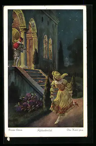 Künstler-AK Otto Kubel: Brüder Grimm, Aschenputtel läuft vom Fest davon, Märchen