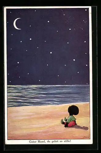 Künstler-AK Korle: Kind am Strand schaut in den Mond