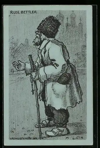 Künstler-AK Kriwub: Russischer Bettler mit Stock