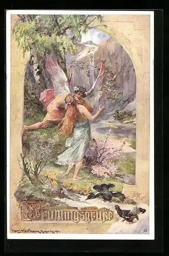 Künstler-AK Hans Kaufmann: Frühlingsgrüsse, Engel küsst eine Frau