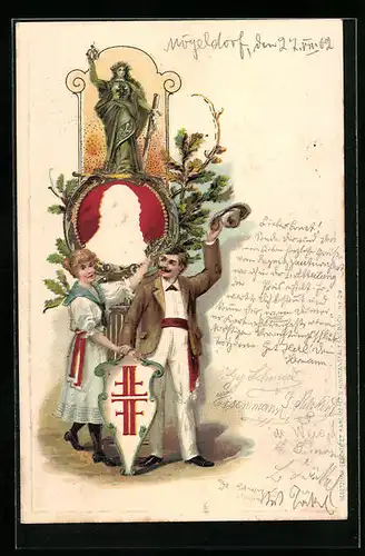 Präge-AK Turnerpaar vor Denkmal von Turnvater Jahn